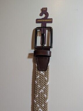 Johnston & Murphy Tan and White Braided  Belt with Brown Leather Trim Sz 32 NWT